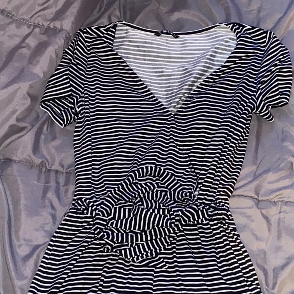 Black and white striped wrap romper